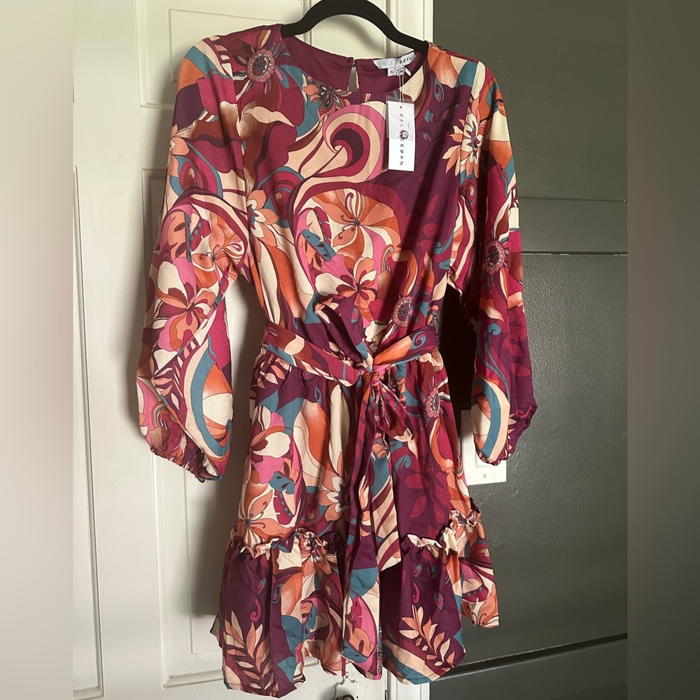 Baltic Born Tally Tropical Paradise Floral Long Sleeve Mini Dress Colorful Flowy - Picture 2 of 6